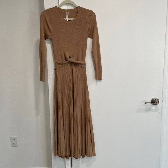 Anthropologie Ribbed Knit Pleated Midi Dress. Long Sleeve Waist Tie.Size S - Picture 1 of 7
